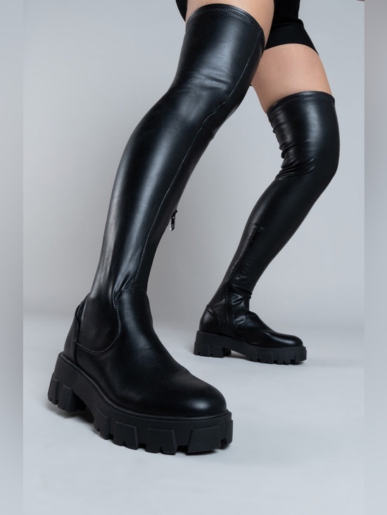 Shoes - AZALEA WANG LATE NIGHTS OVER THE KNEE FLATFORM BOOT WITH 4 WAY STRETCH IN BLACK